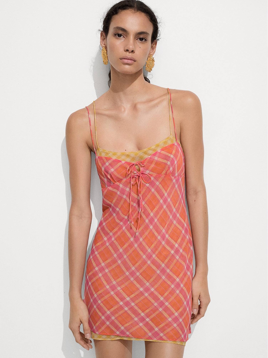 

MANGO Layered Checked Shoulder Straps Sheath Mini Dress, Orange