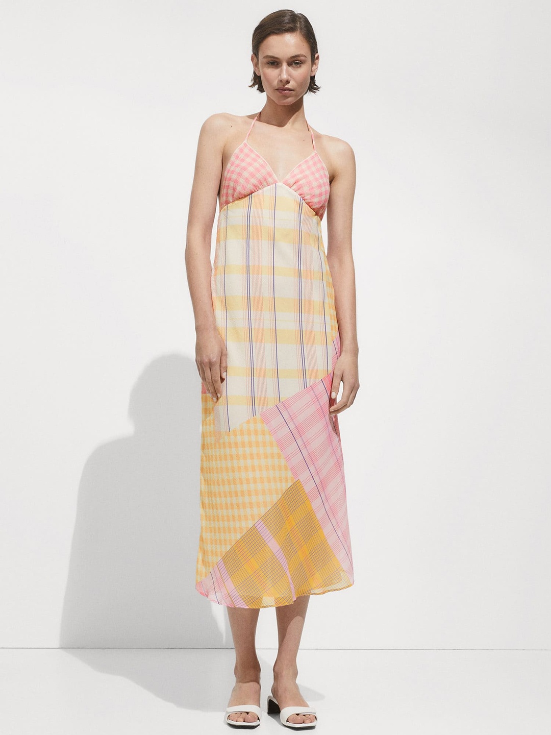 

MANGO Shoulder Straps Styled-Back Checked Midi Dress, Pink