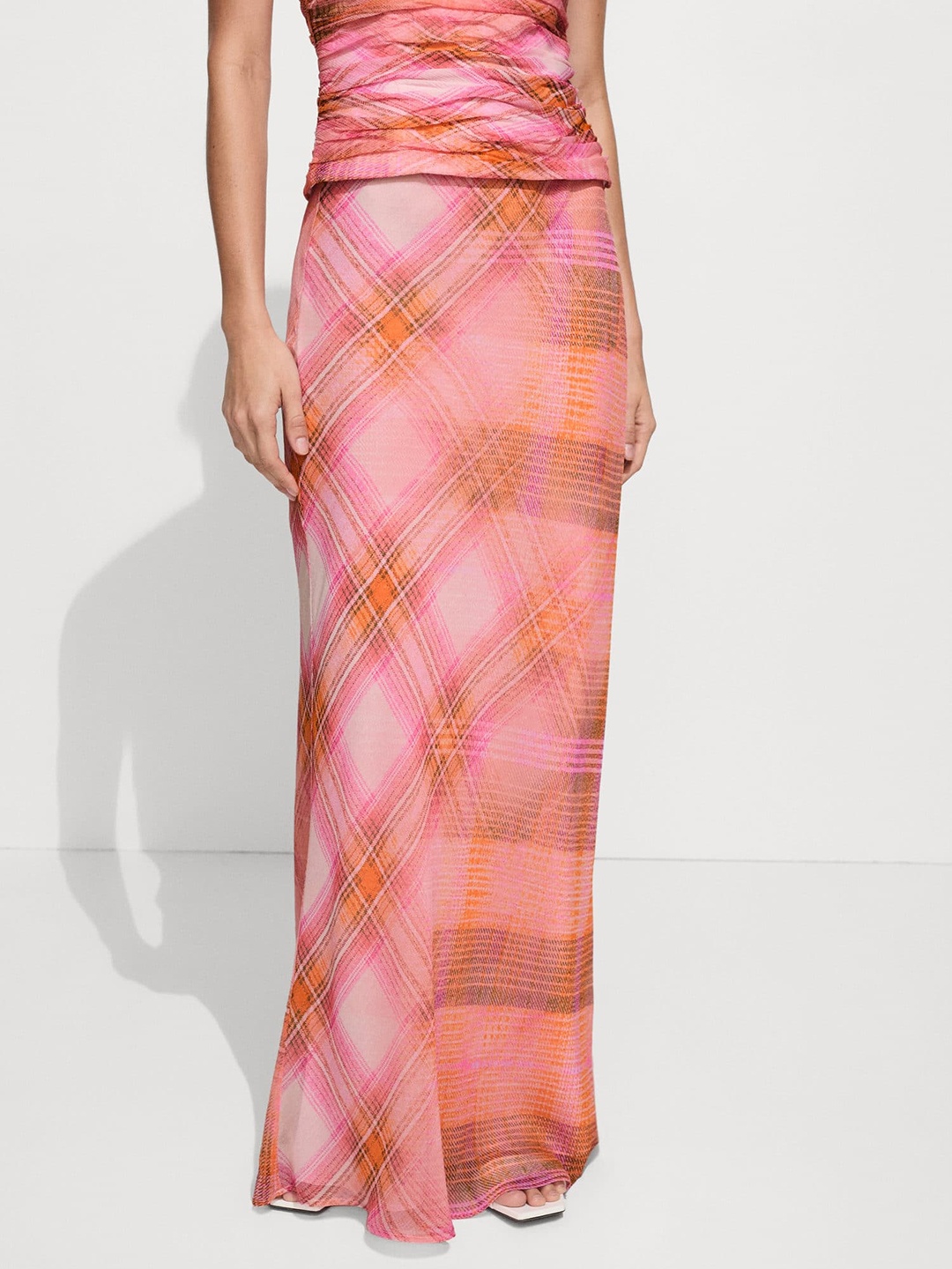

MANGO Checked Maxi A-Line Skirt, Pink
