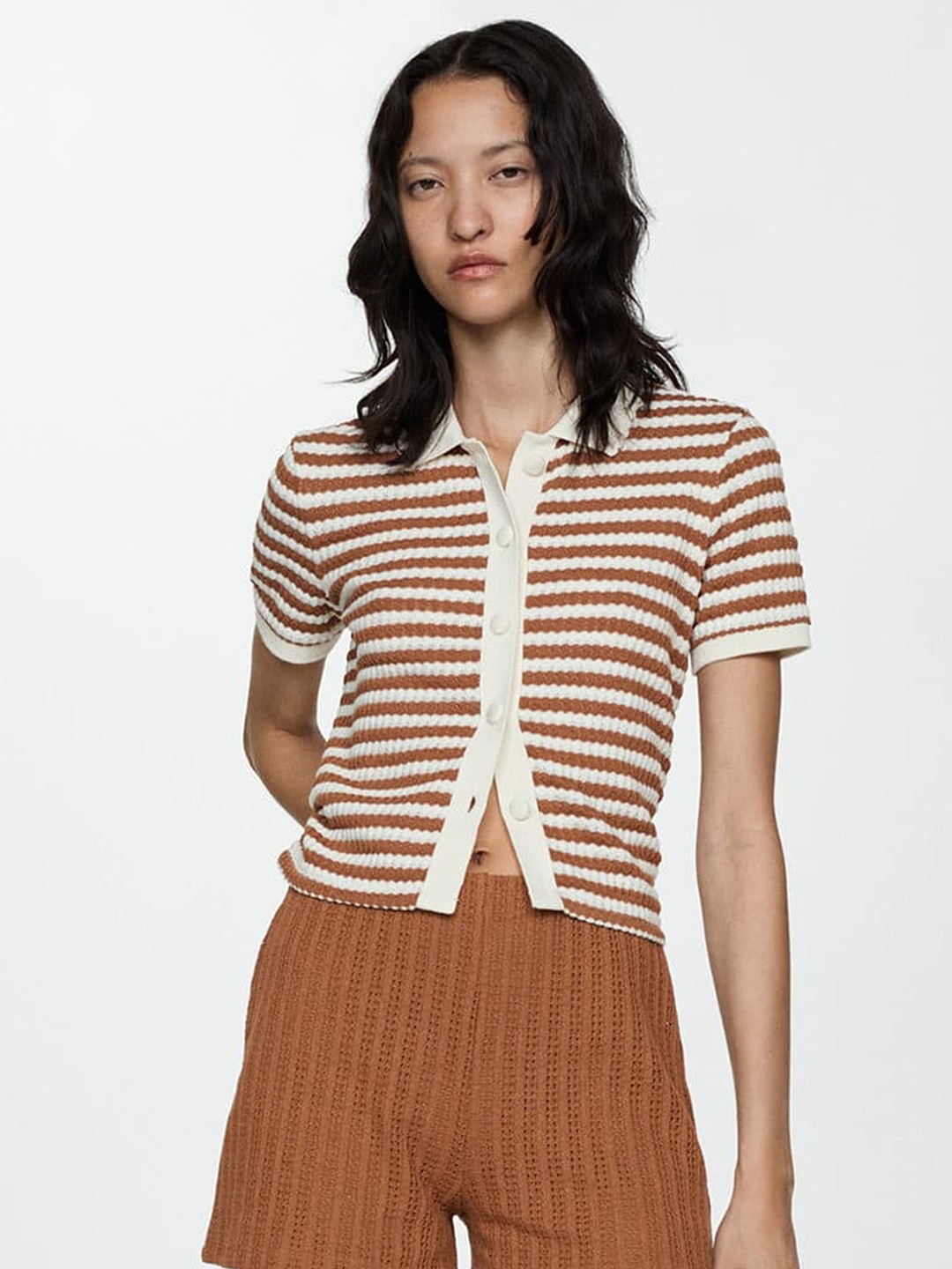 

MANGO Striped Polo Collar T-shirt, Cream
