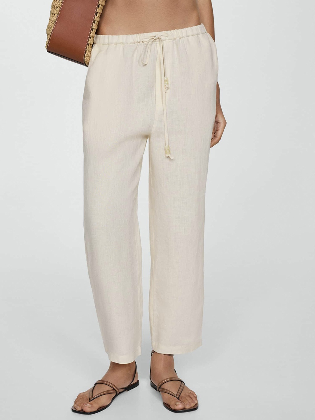 

MANGO Women Linen Trousers, Beige