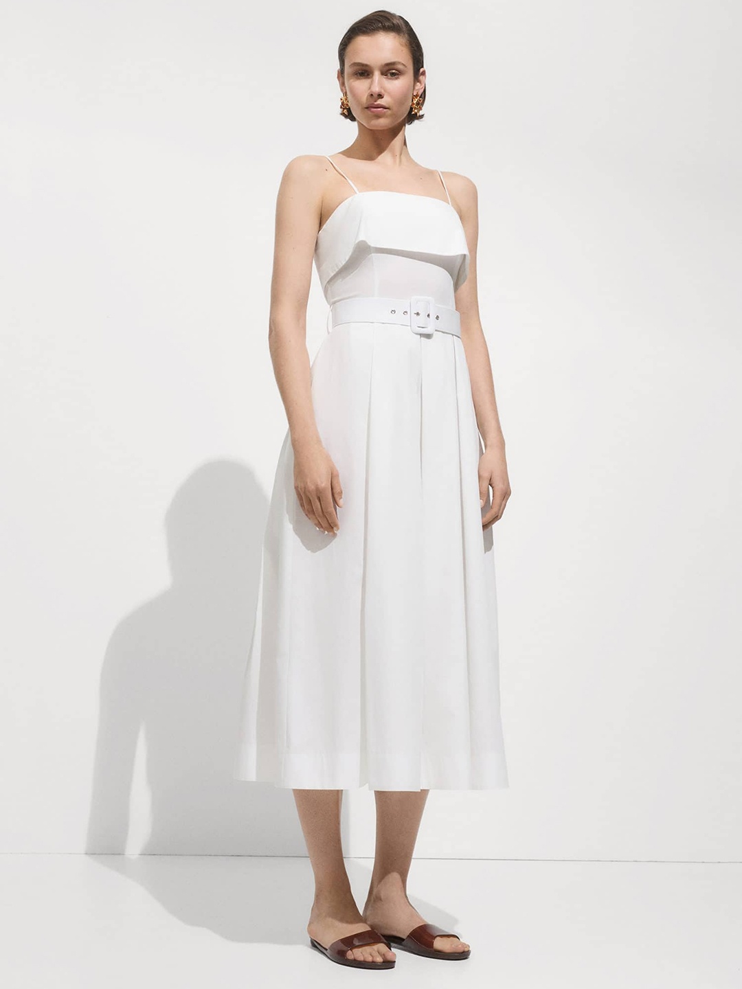 

MANGO Pure Cotton A-Line Midi Dress With Belt, White