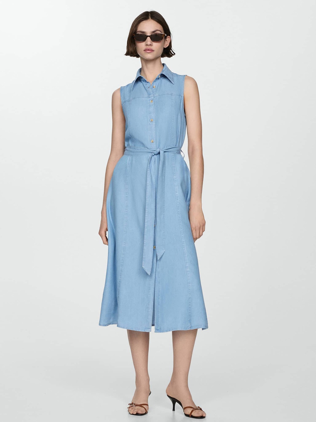 

MANGO Shirt Style A-Line Chambray Midi Dress, Blue