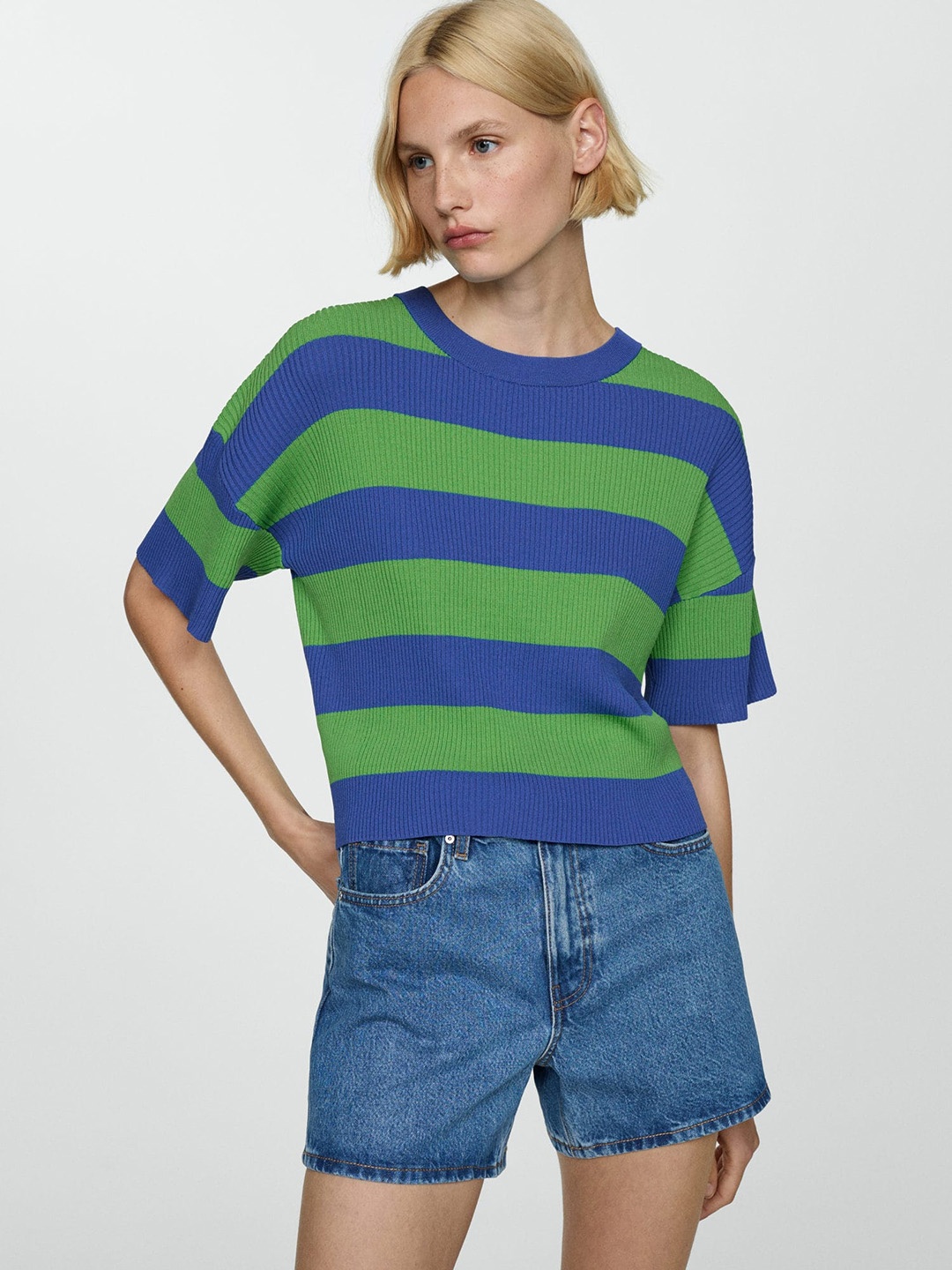 

MANGO Ribbed Striped Drop Shoulder Sleeves Top, Green