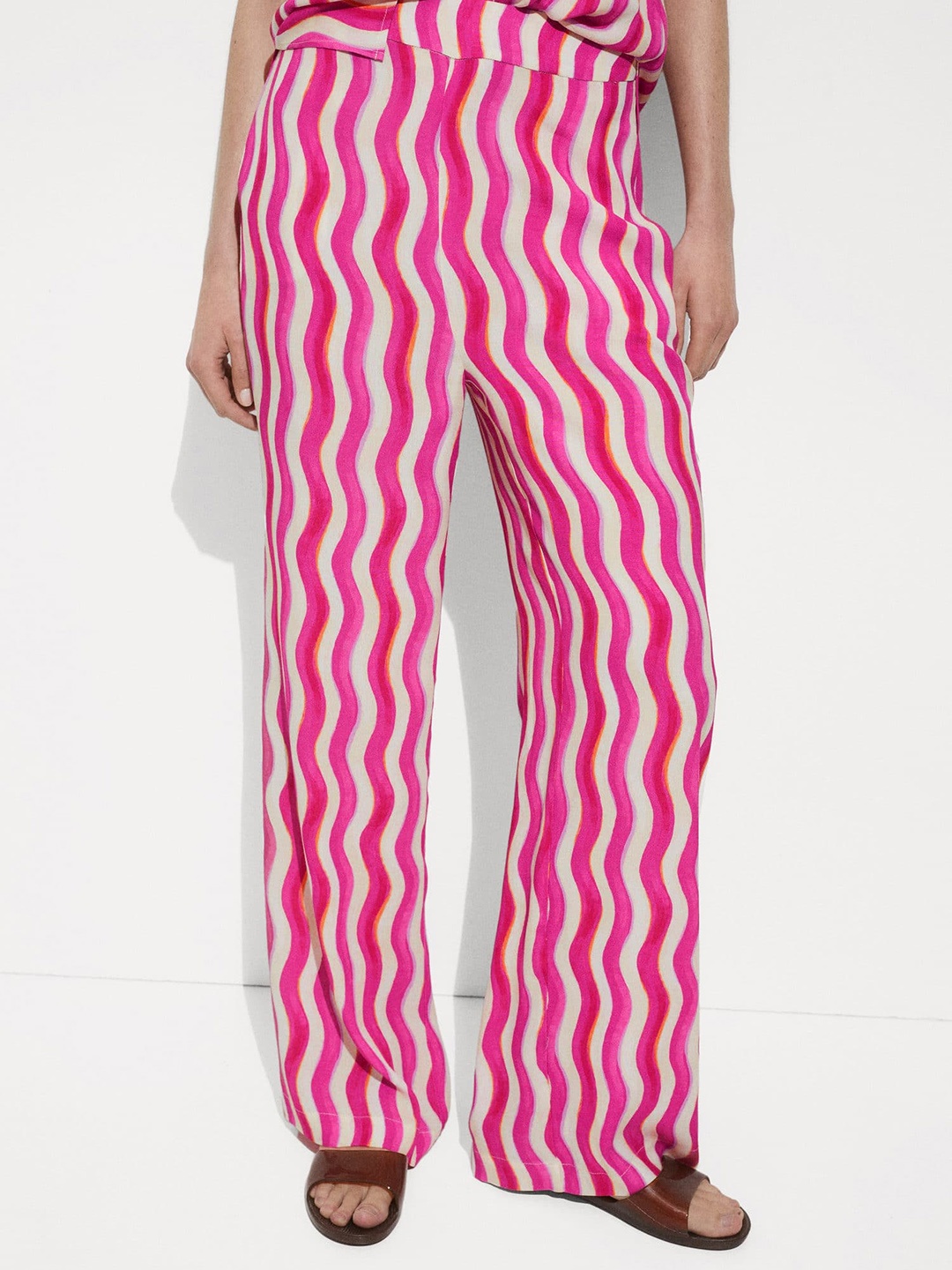 

MANGO Women Striped Wide-Leg Trousers, Fuchsia