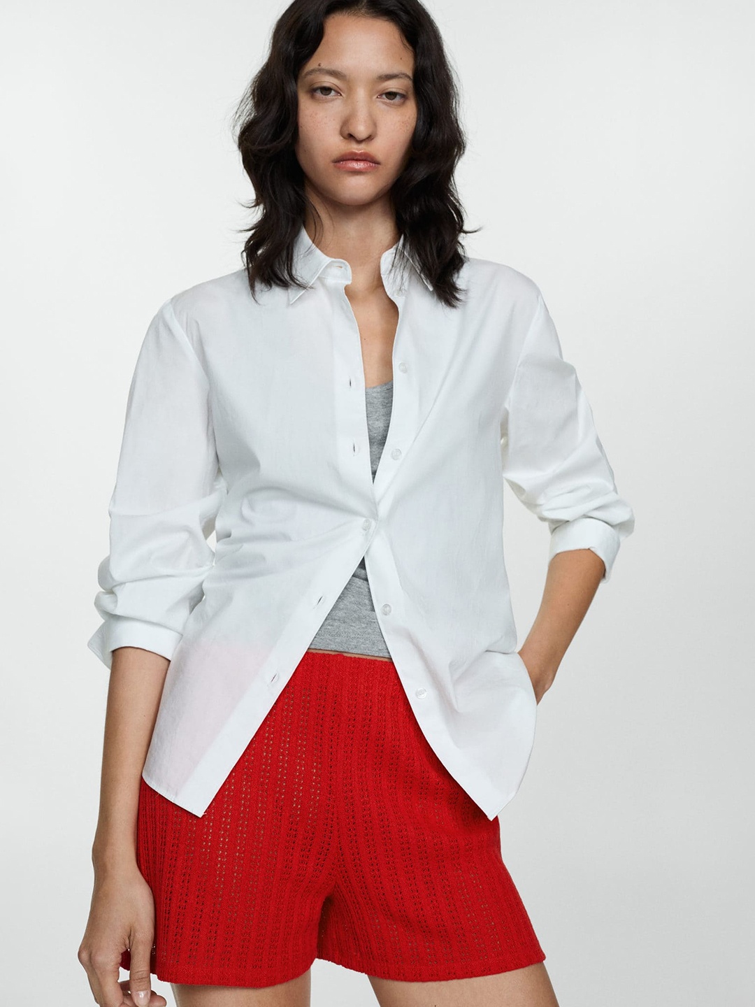 

MANGO Women Straight Fit Knitted Shorts, White
