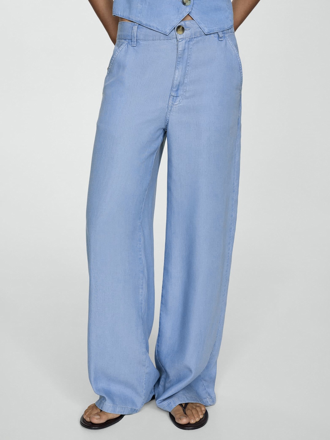 

MANGO Women Chambray Wide Leg Trousers, Blue