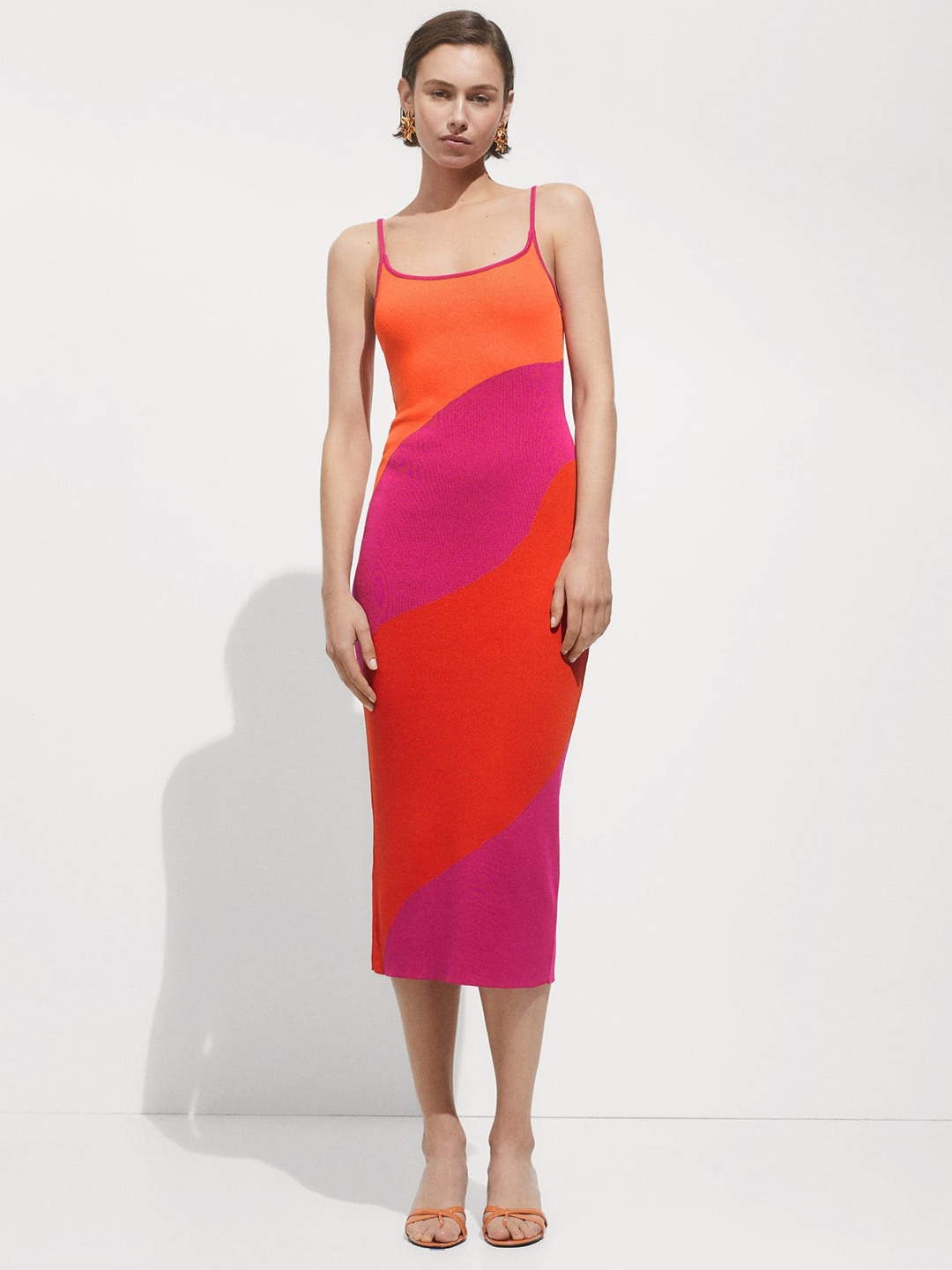 

MANGO Colourblocked Bodycon Dress, Orange