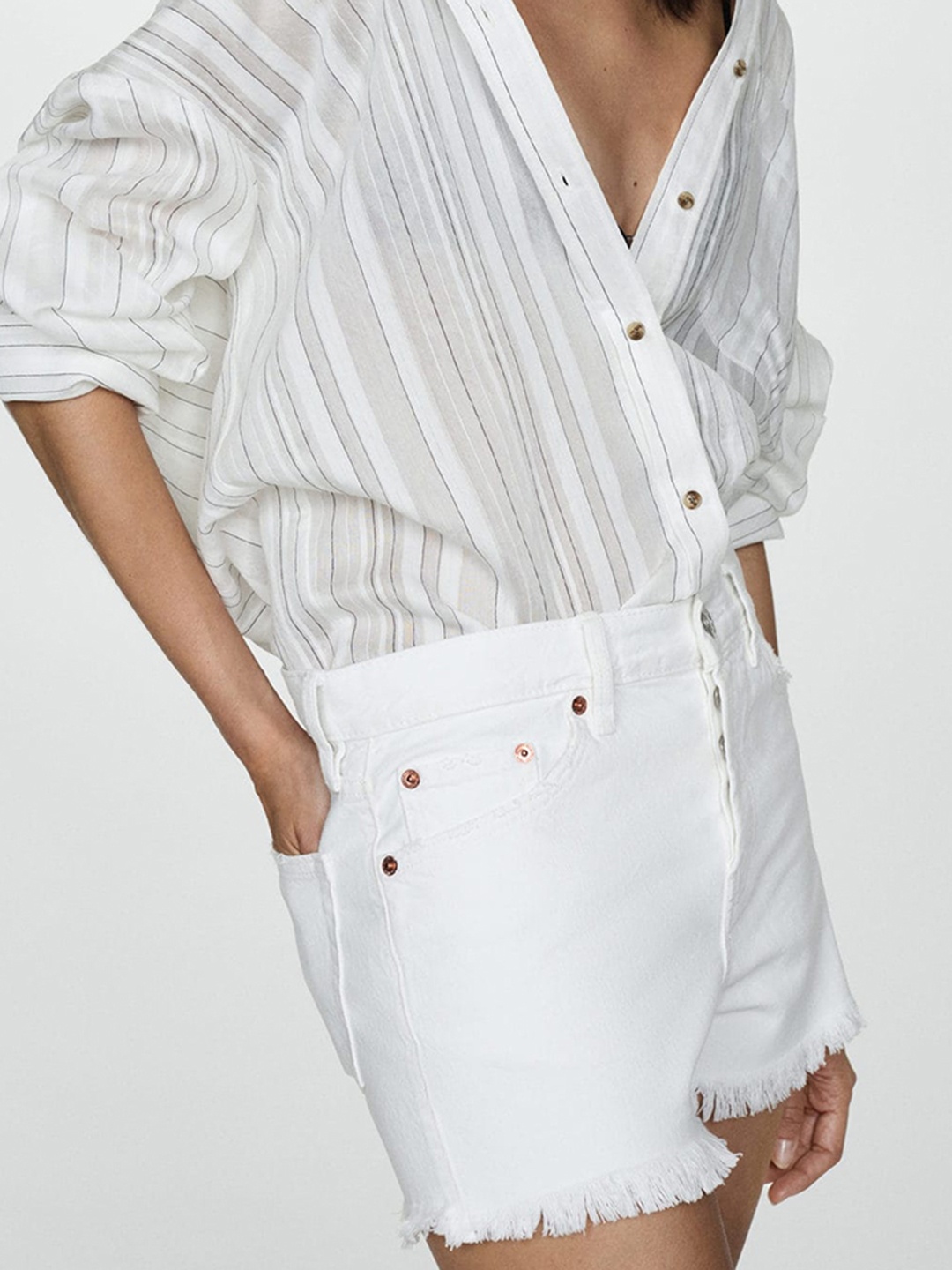 

MANGO Women Pure Cotton Denim Shorts, White