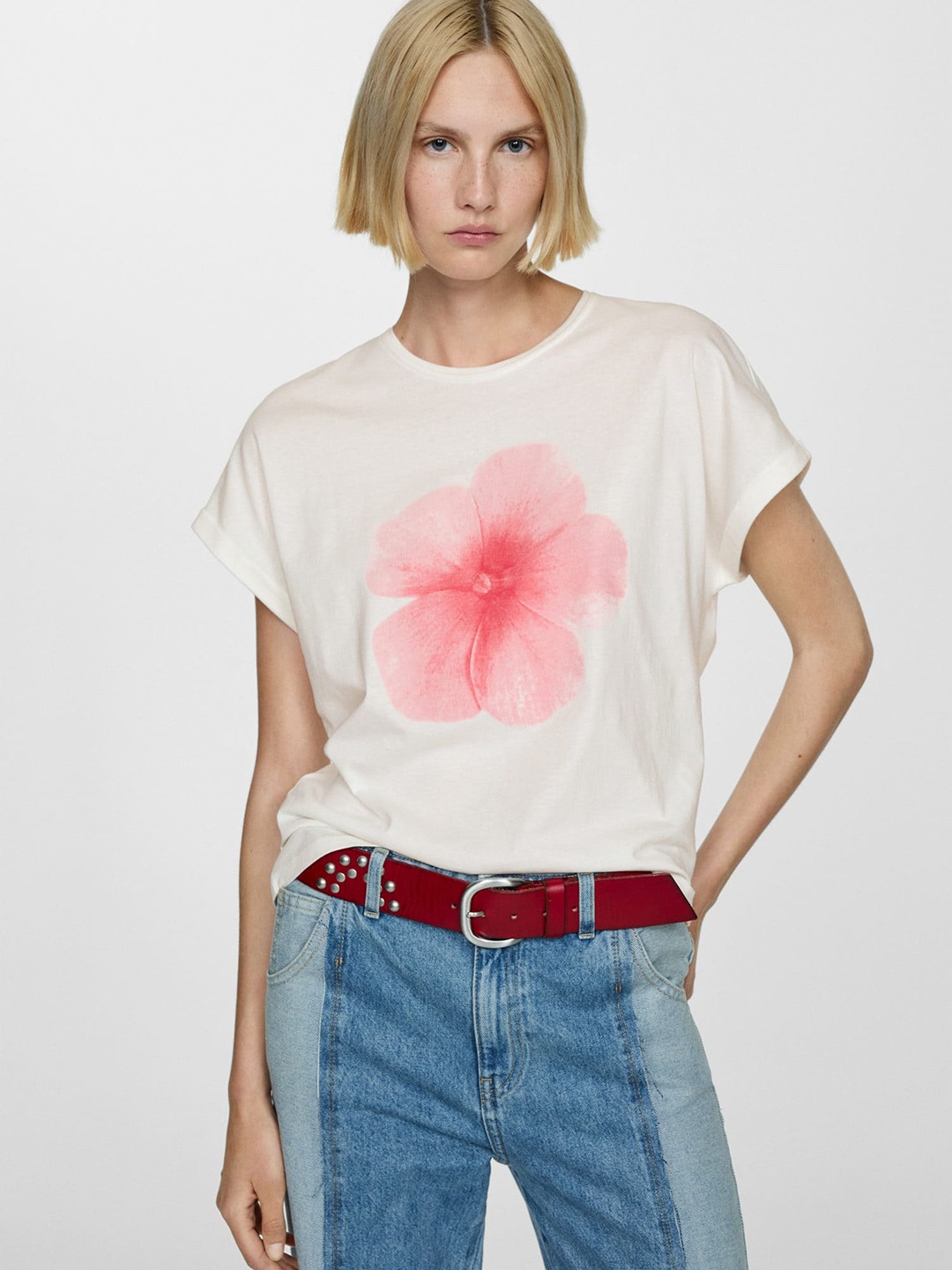 

MANGO Floral Print Pure Cotton T-shirt, Off white