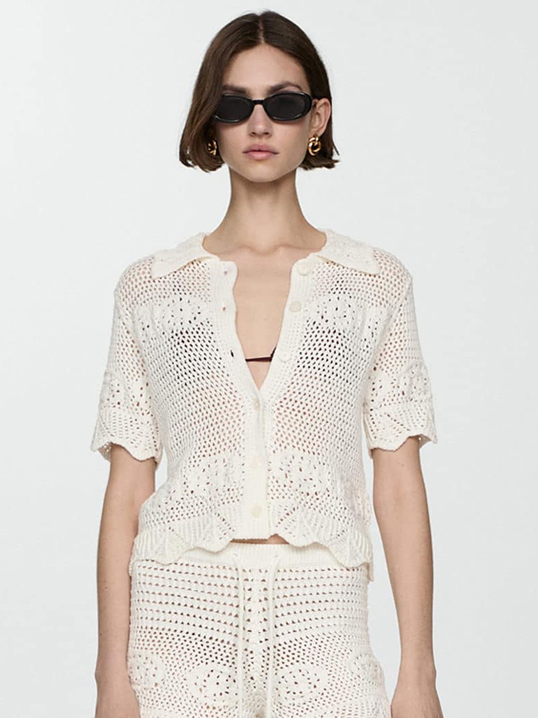 

MANGO Pure Cotton Crochet Knitted Shirt, White