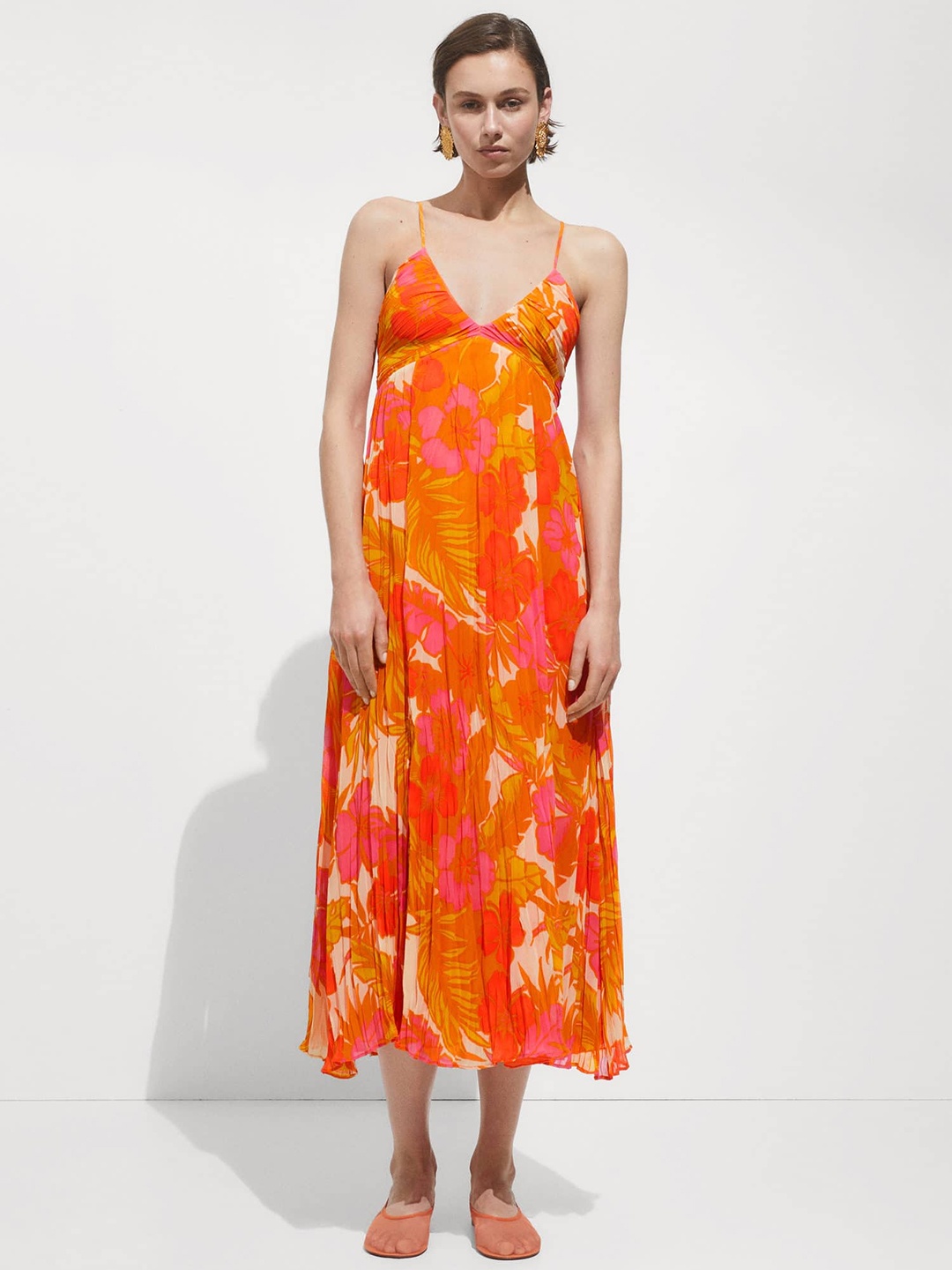 

MANGO Floral Print Empire Dress, Orange
