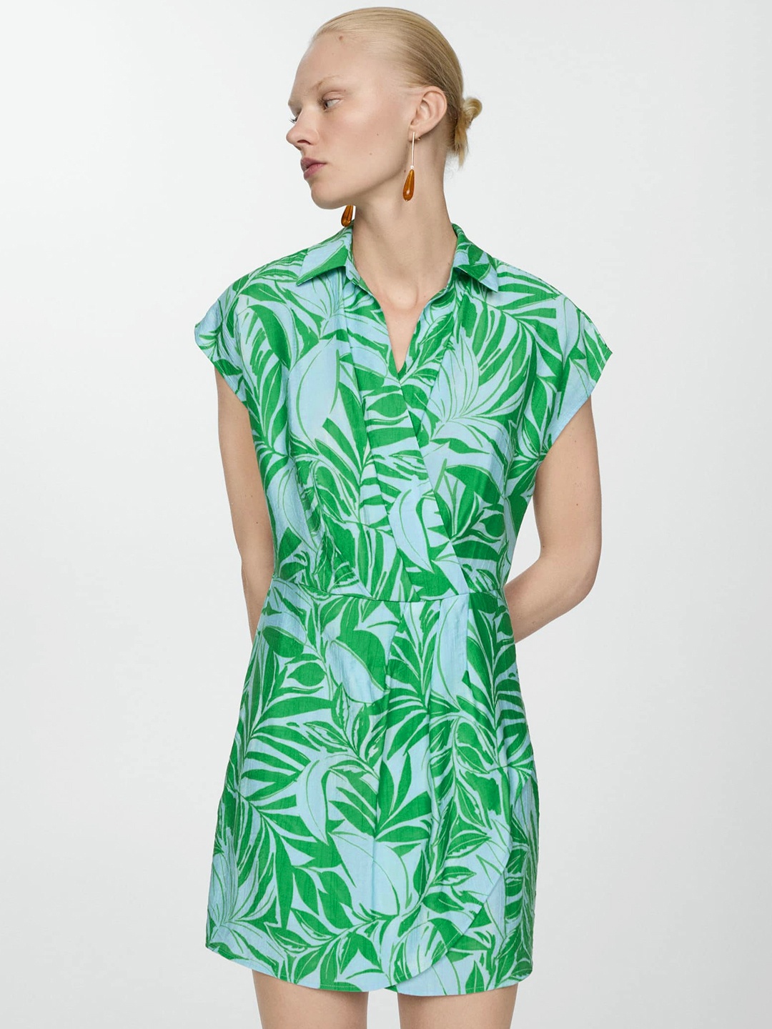 

MANGO Printed Shirt Style Wrap Mini Dress, Green