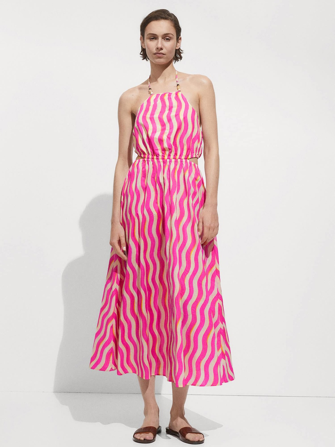 

MANGO Pure Cotton Striped Cut-Out Halter Neck A-Line Maxi Dress, Pink