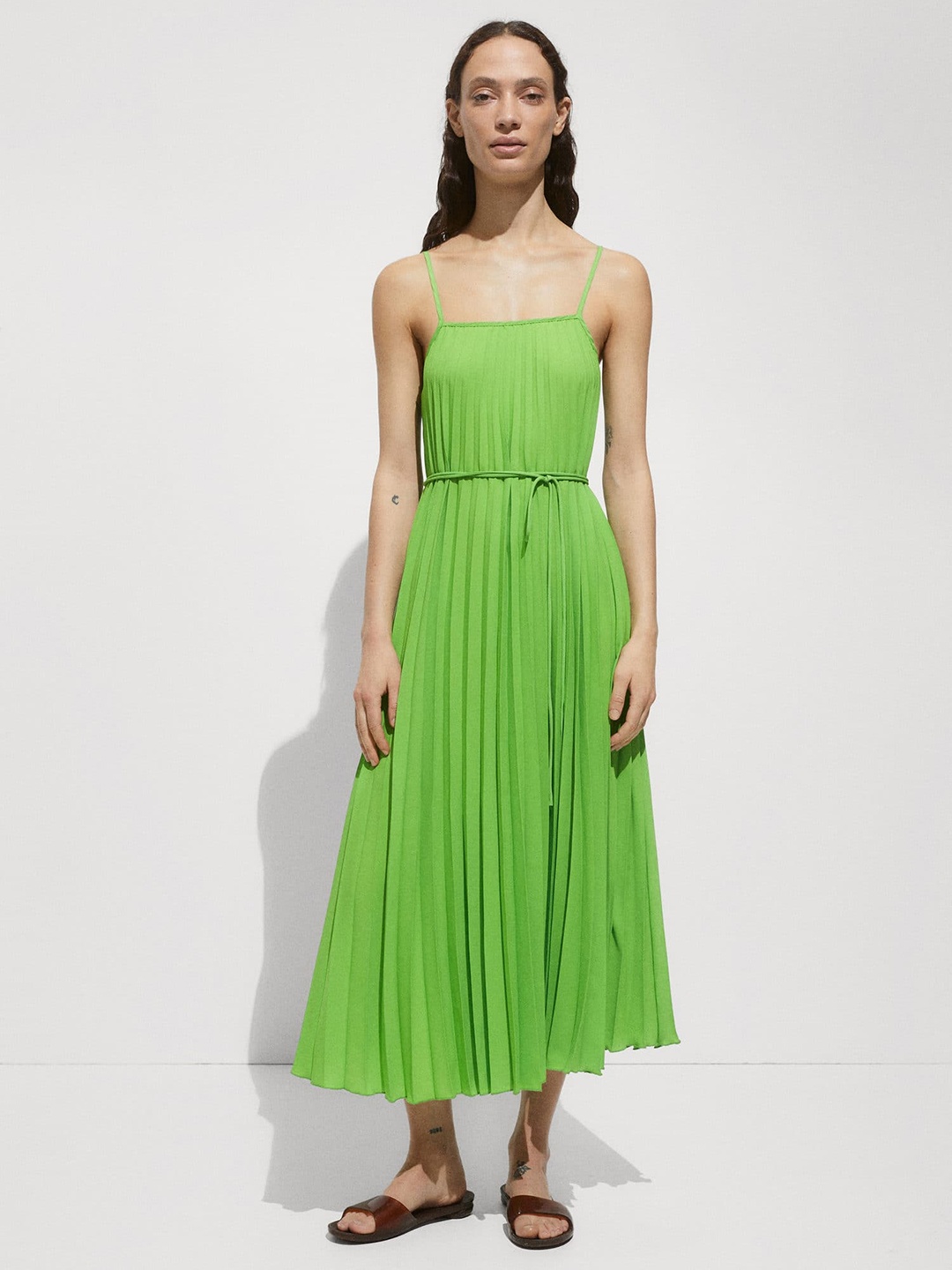 

MANGO Accordion Pleats A-Line Midi Dress, Green