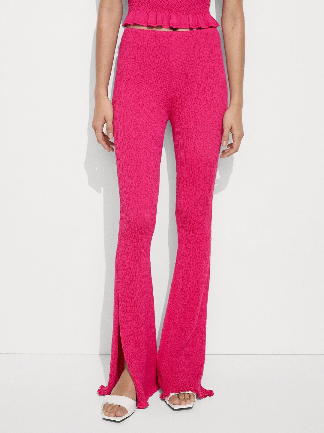 

MANGO Women Textured Bootleg Trousers, Fuchsia