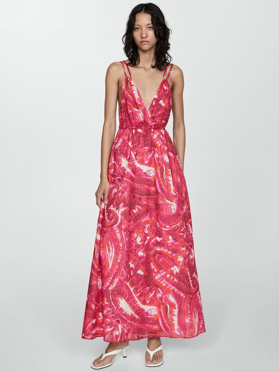 

MANGO Printed Fit & Flare Backless Dress, Fuchsia