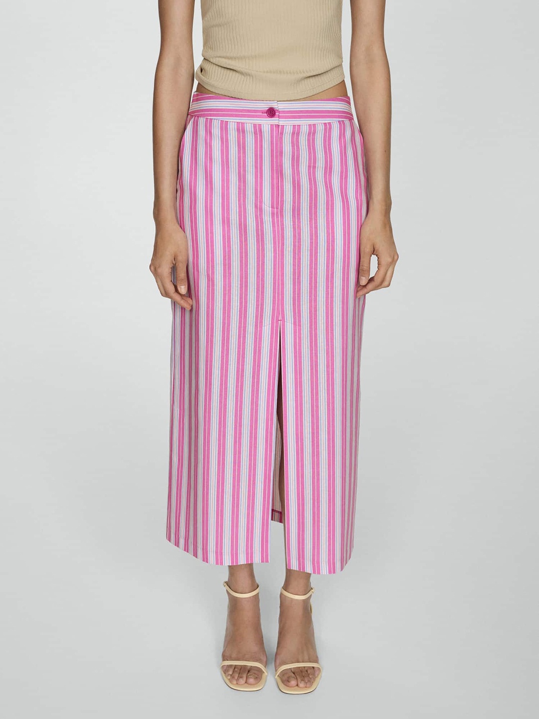 

MANGO Striped Straight Midi Skirt, Pink