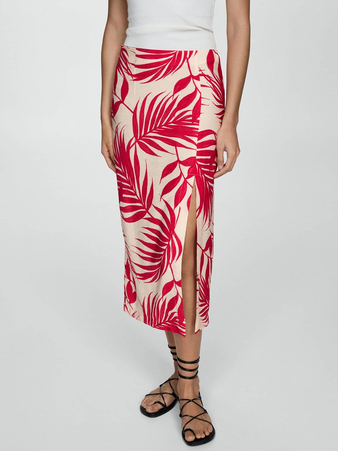 

MANGO Tropical Print Satin A-Line Midi Skirt, Beige