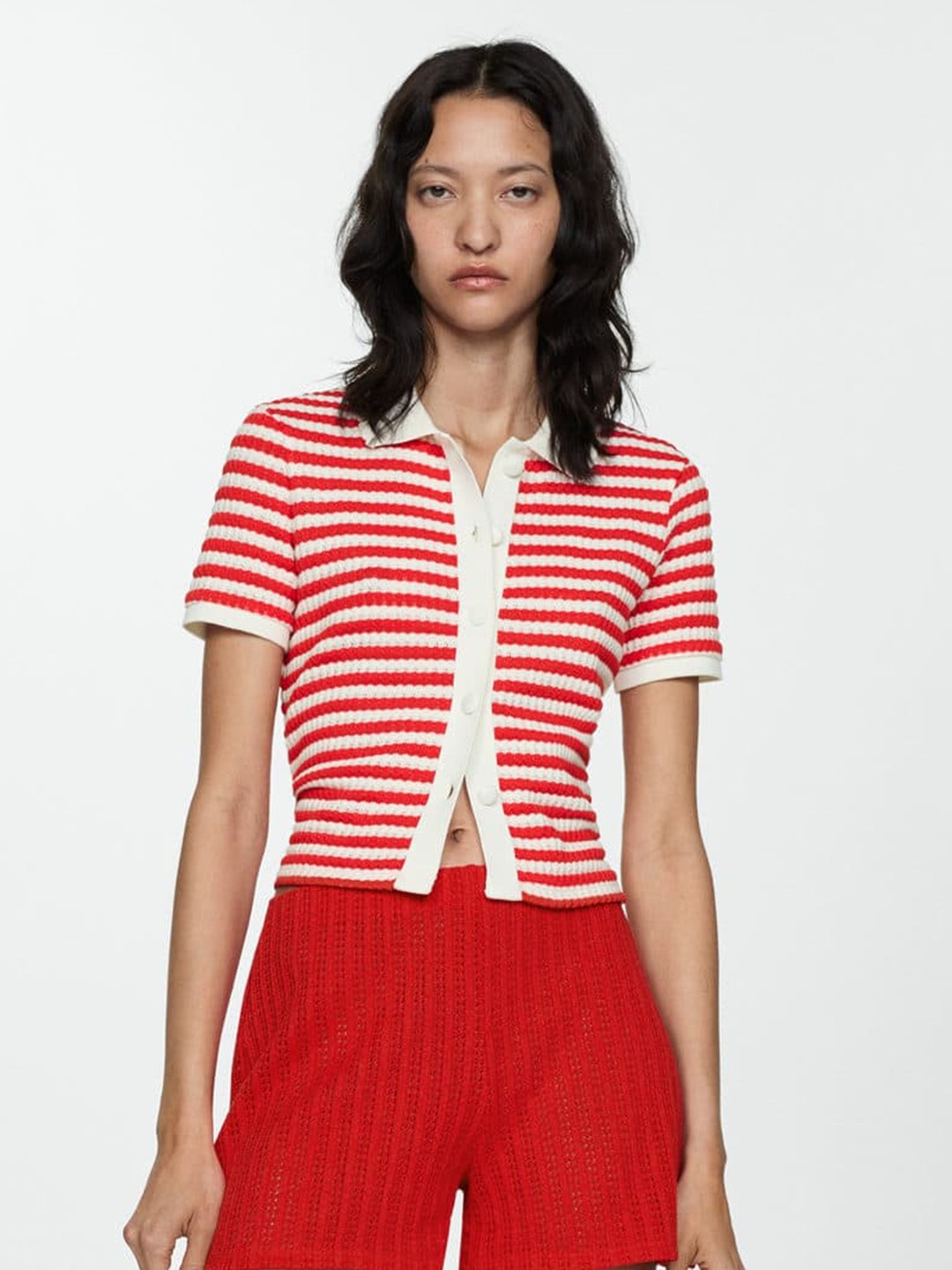 

MANGO Striped Polo Collar T-shirt, Red