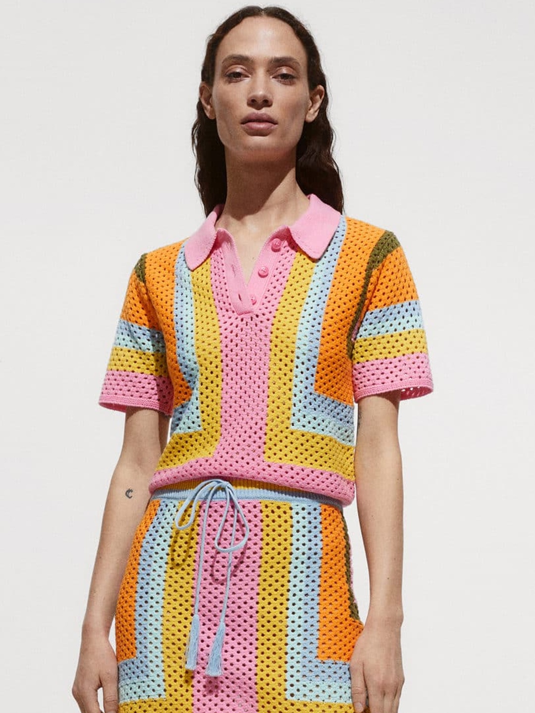 

MANGO Pure Cotton Open Knit Shirt Style Top, Pink