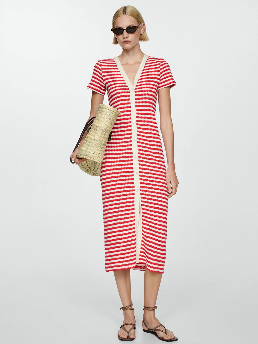 

MANGO Self Designed Striped Knitted Sheath Dress, Red