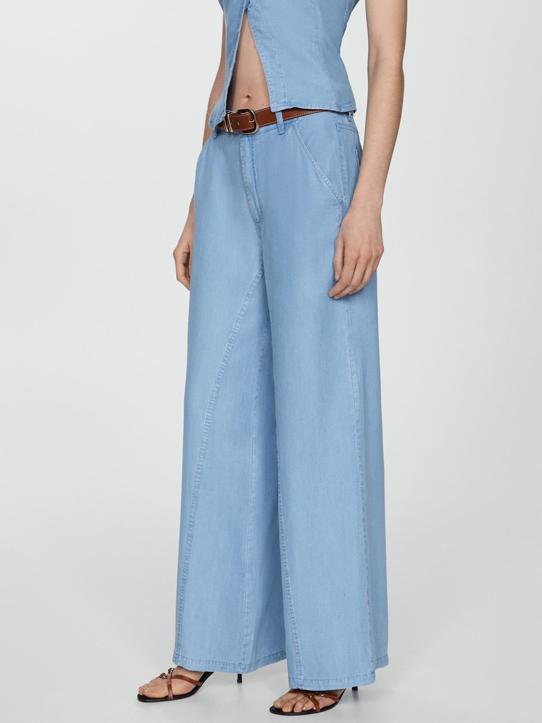 

MANGO Women Chambray Wide-Leg Trousers, Blue