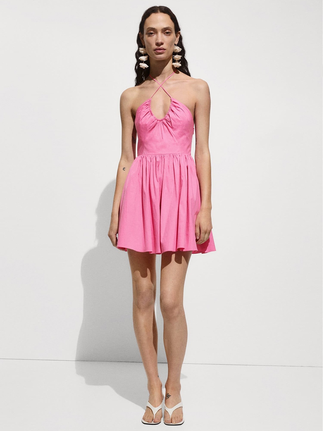 

MANGO Halter Neck Fit & Flare Mini Dress, Pink