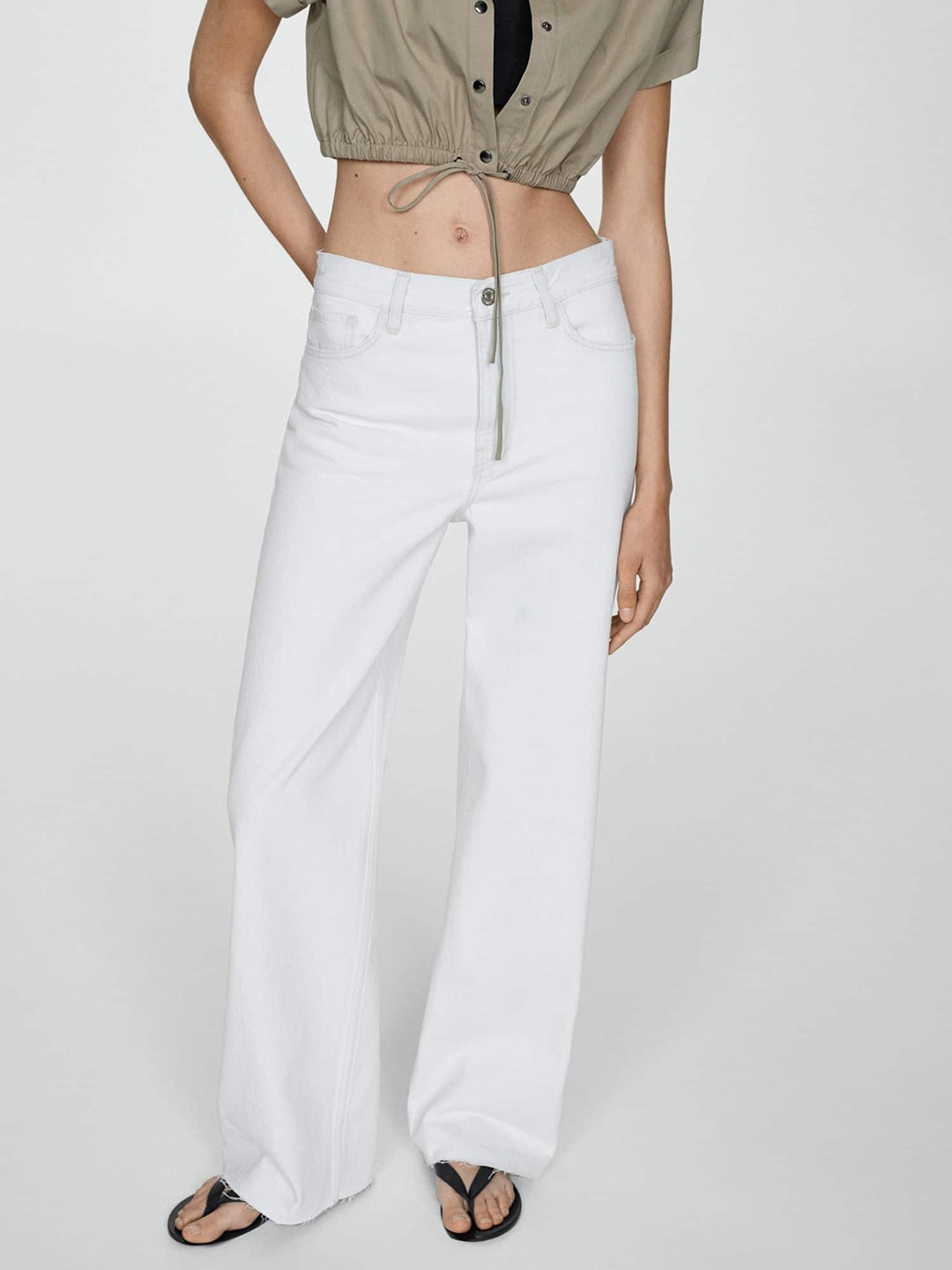 

MANGO Women Wide Leg High-Rise Cotton Jeans, White