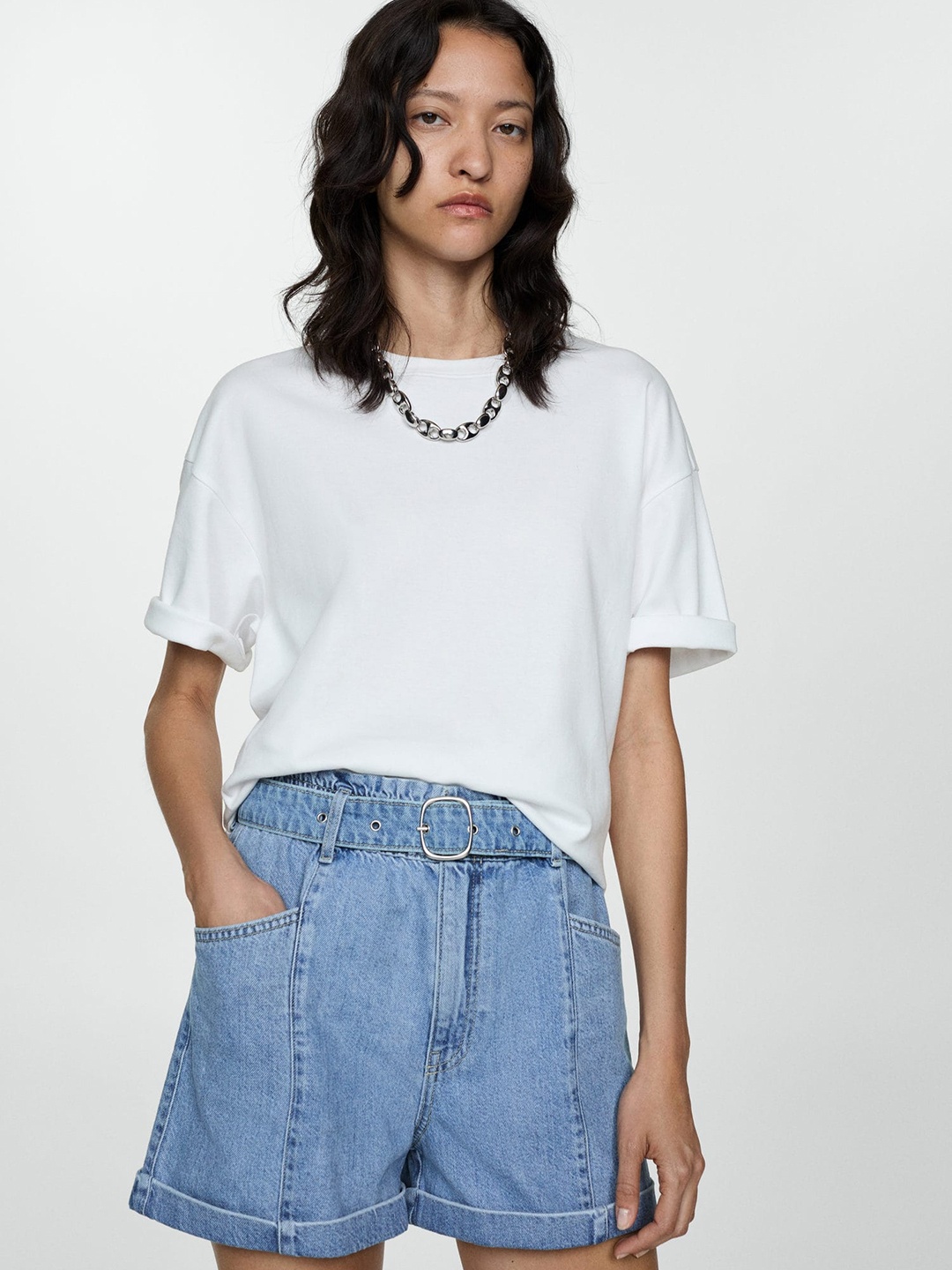 

MANGO Women Cotton Denim Shorts, Blue