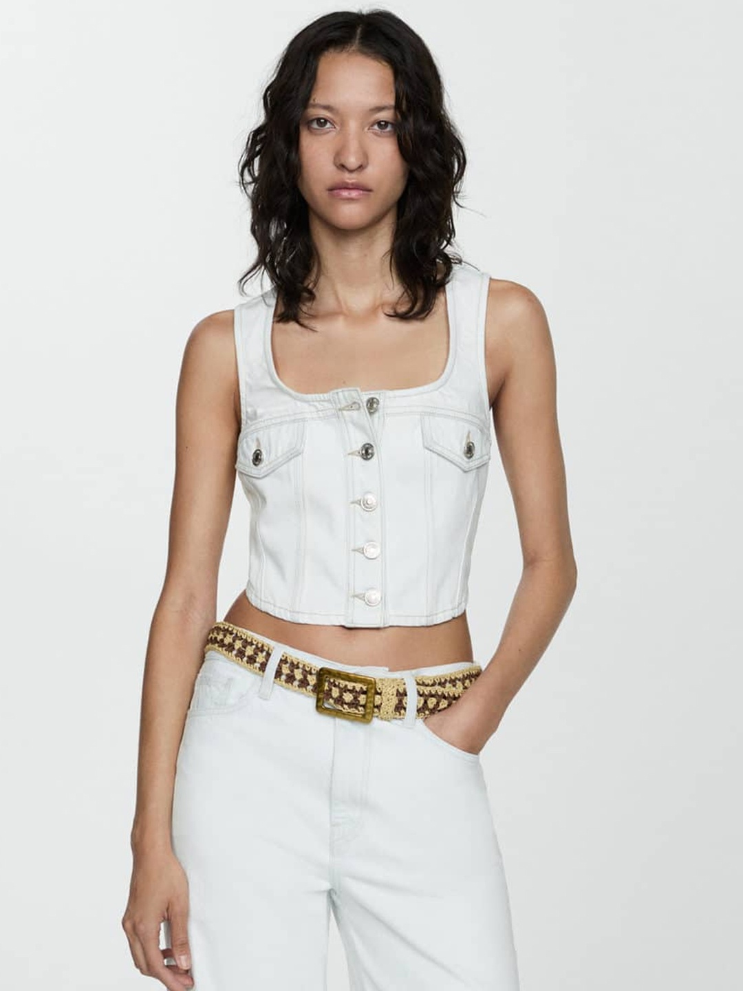 

MANGO Cotton Crop Denim Jacket, Blue