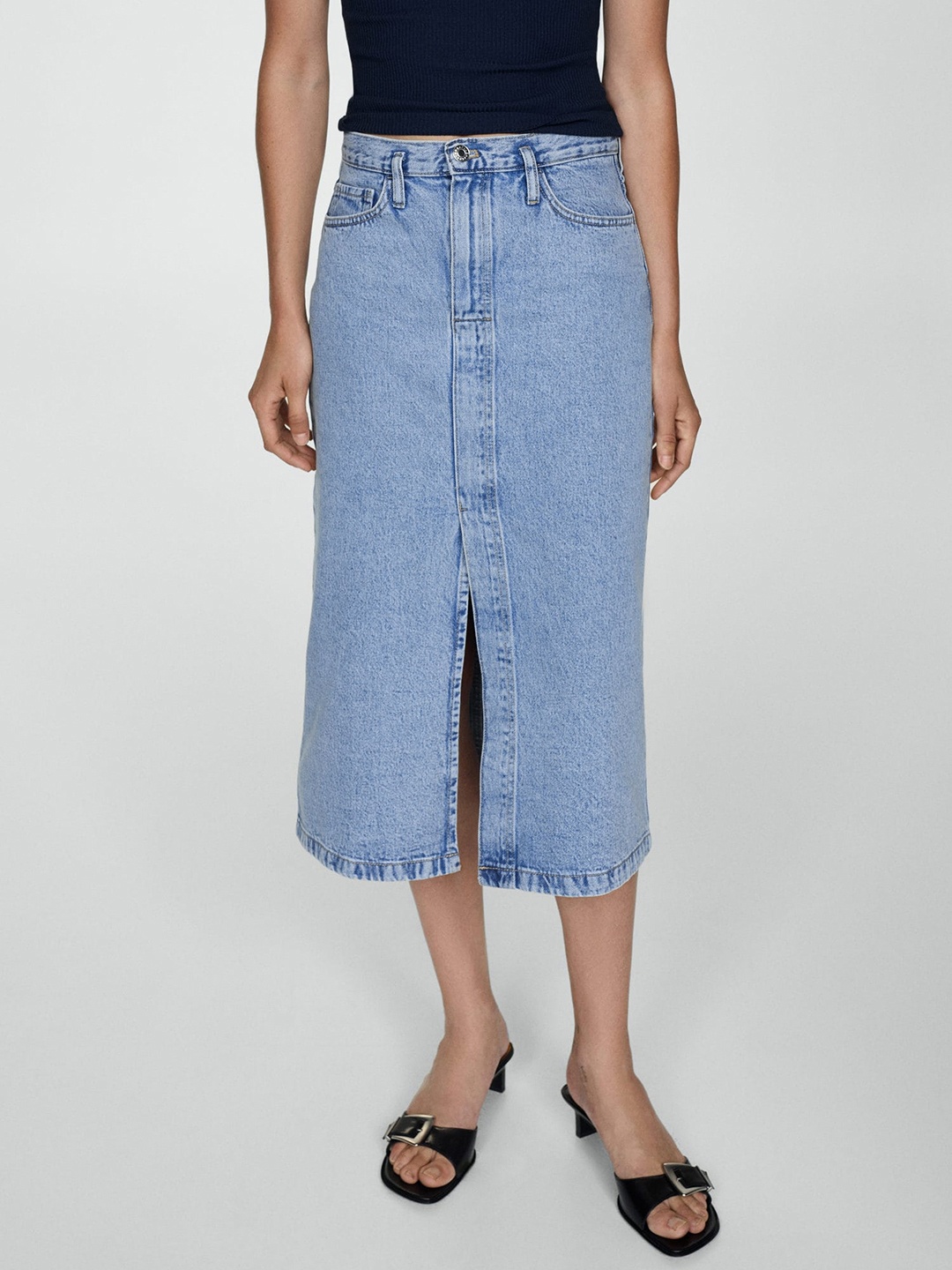 

MANGO High-Rise Pure Cotton Denim Midi Skirt with Front Slit, Blue