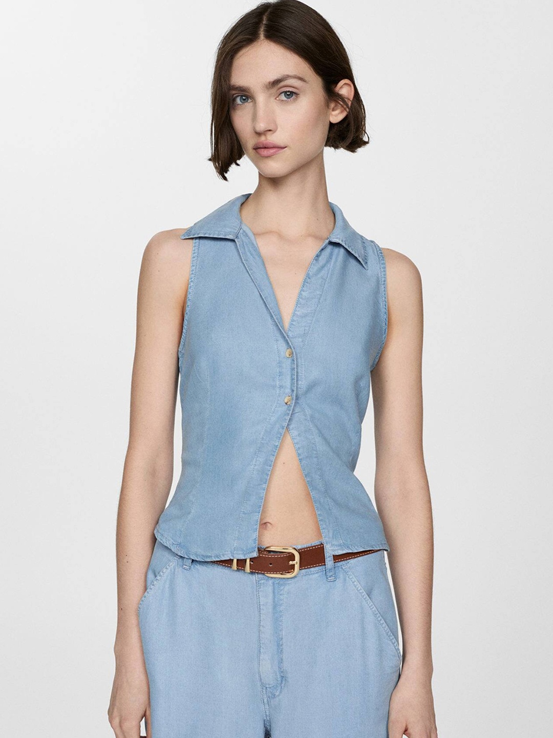 

MANGO Chambray Open Front Shirt, Blue