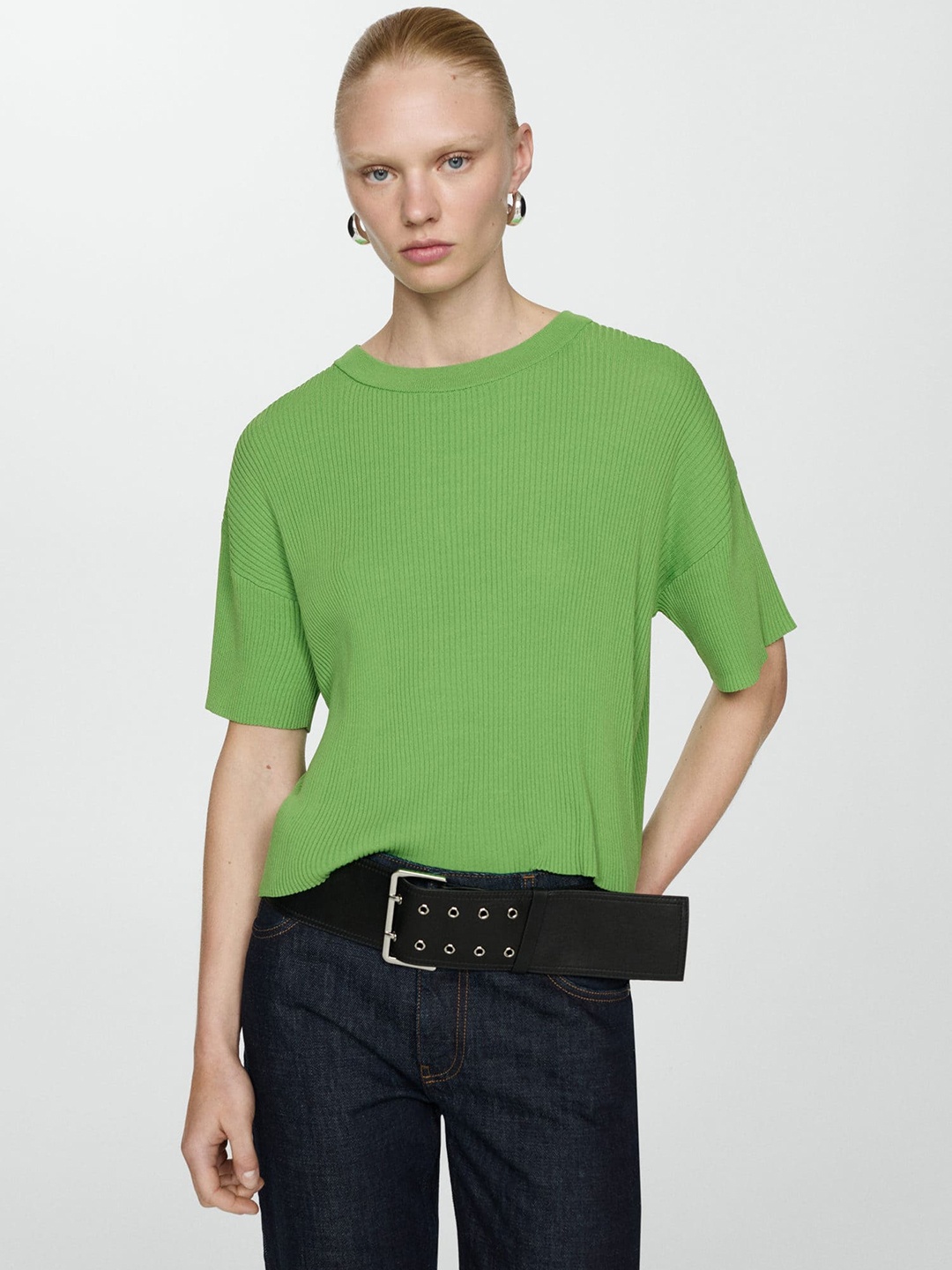 

MANGO Knitted Drop Shoulder Sleeves Top, Green