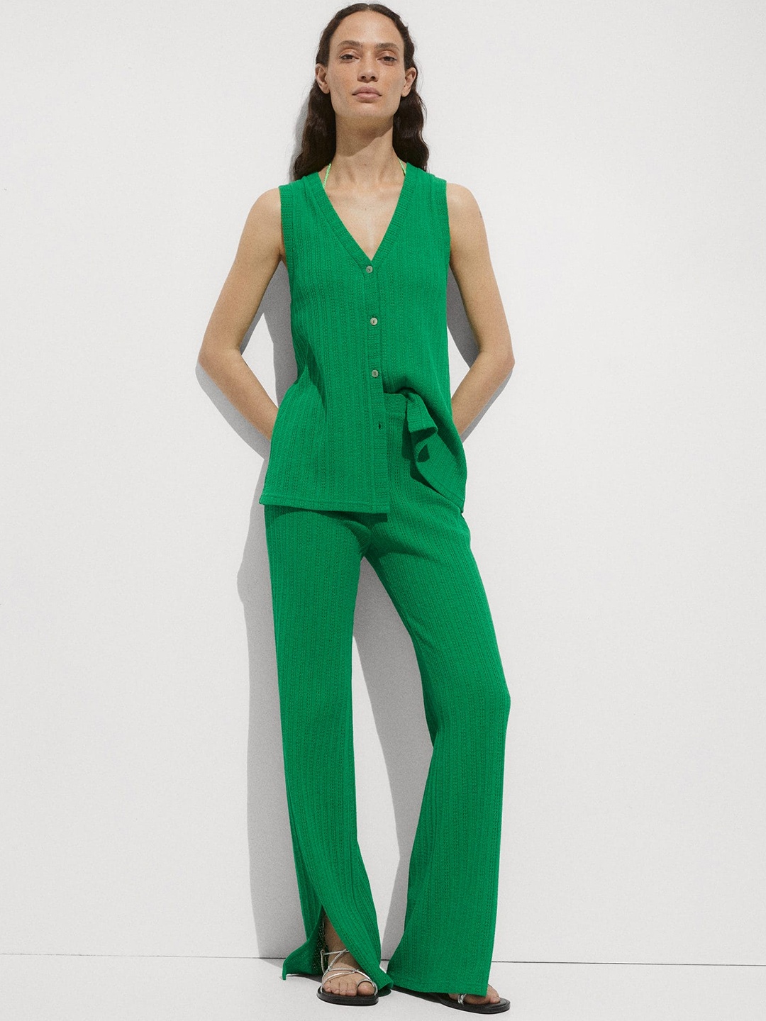 

MANGO Women Knitted Bootleg Trousers, Green