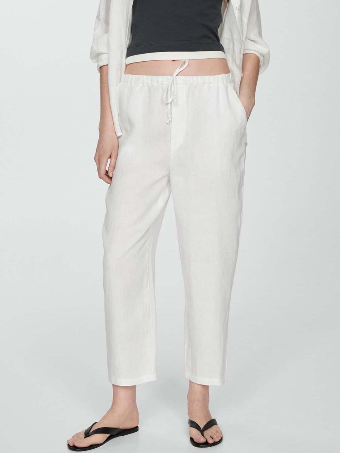 

MANGO Women Linen Regular Trousers, White