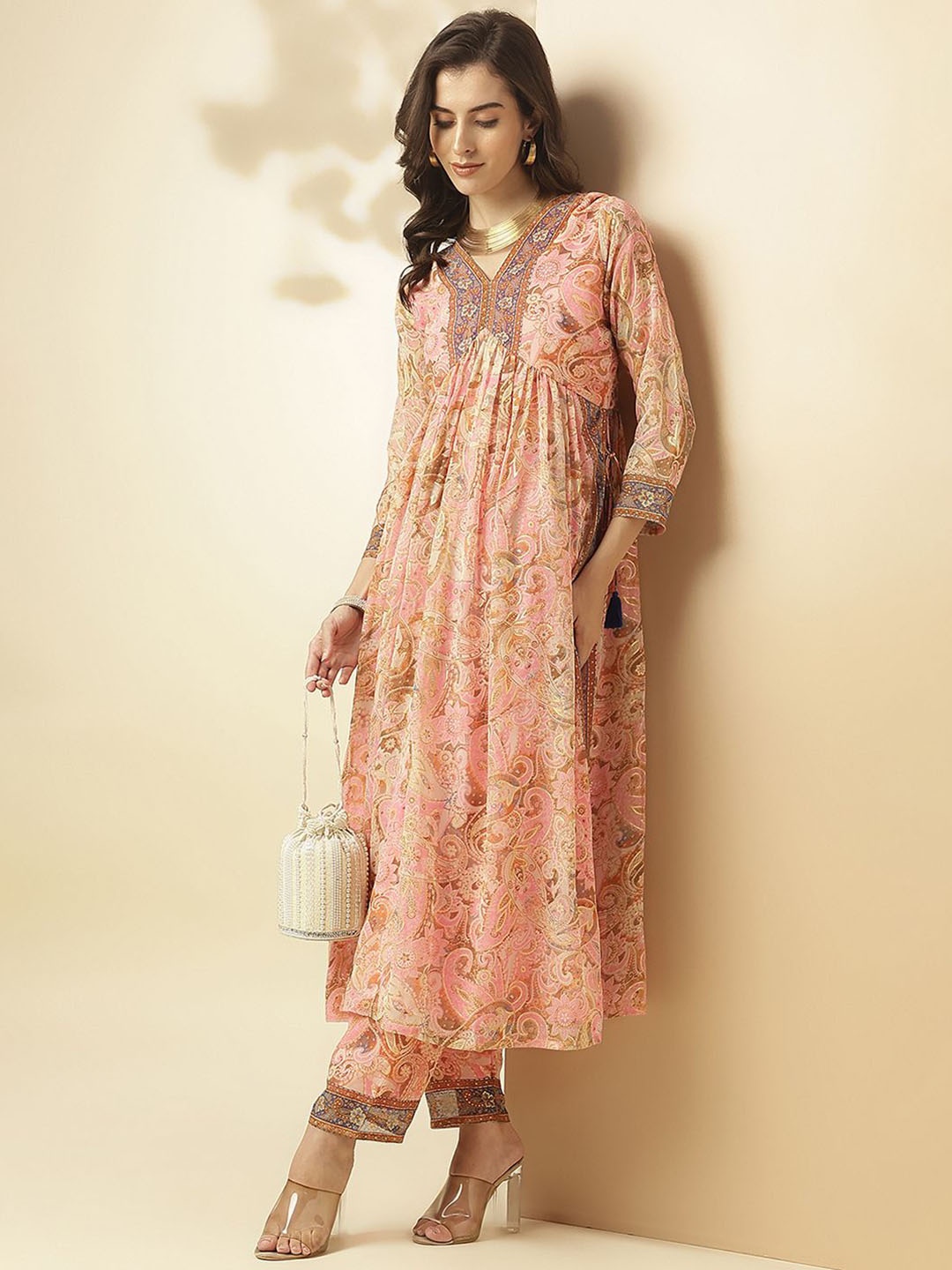 

SANSKAR V Neck Paisley Printed Regular A-Line Kurta with Palazzos, Pink