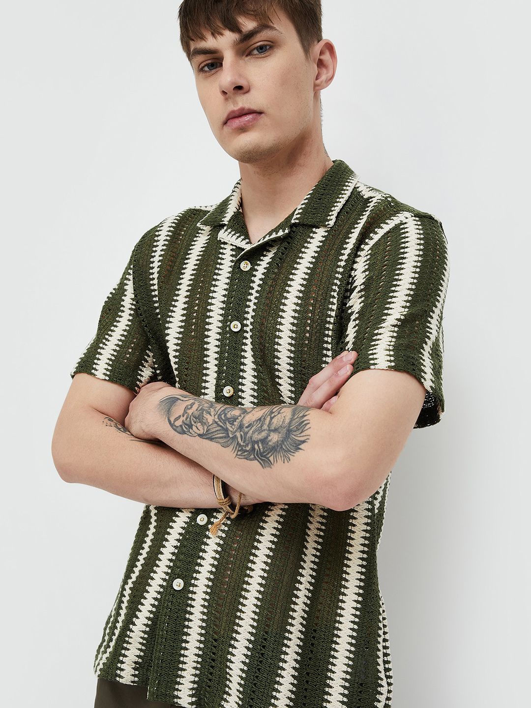 

Forca by Lifestyle Men Self Design Horizontal Stripes Casual Shirt, Olive