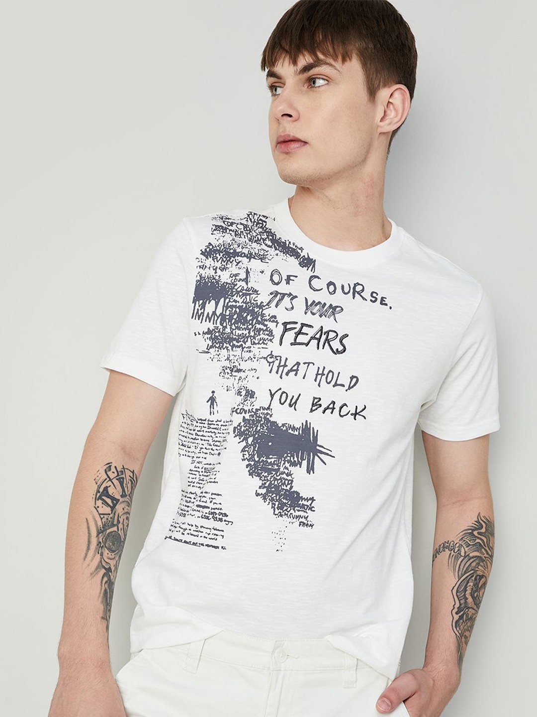 

Forca by Lifestyle Men Typography Printed Round Neck T-shirt, White