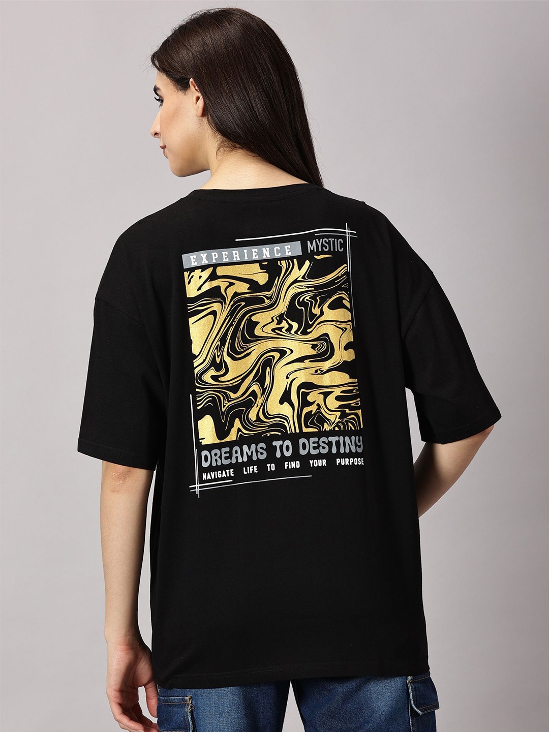 

THE HOLLANDER Women Typography Printed Pure Cotton Oversized T-shirt, Black