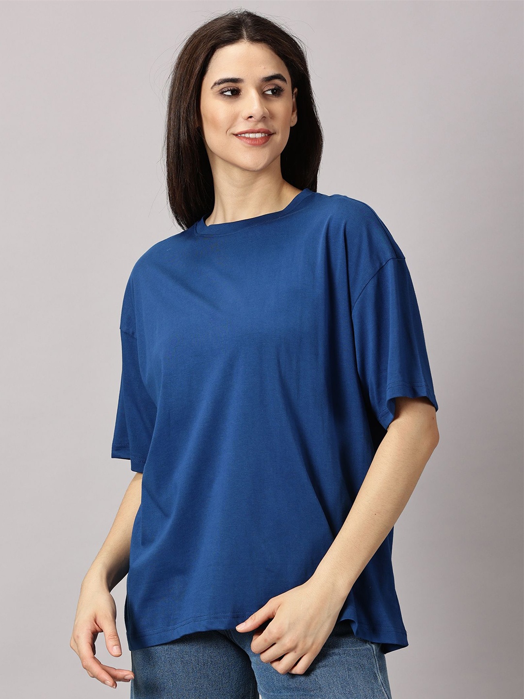 

THE HOLLANDER Women Solid Cotton Drop-Shoulder Sleeves Oversized T-shirt, Blue