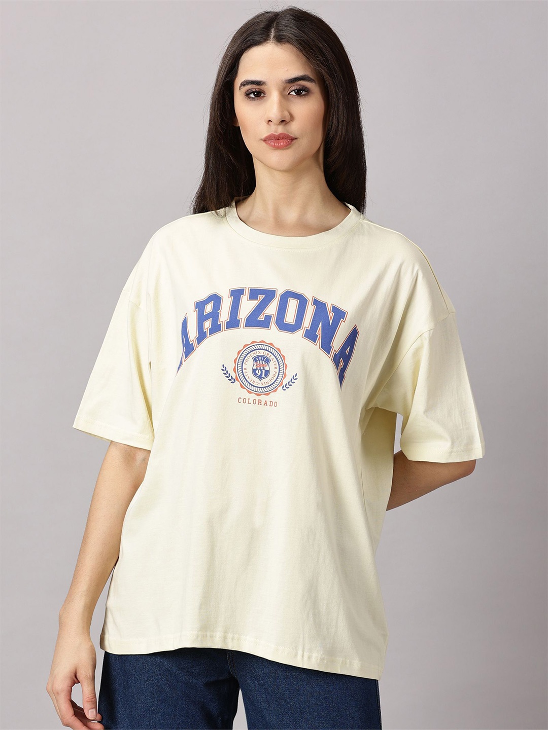 

THE HOLLANDER Women Typography Printed Pure Cotton Oversized T-shirt, Cream