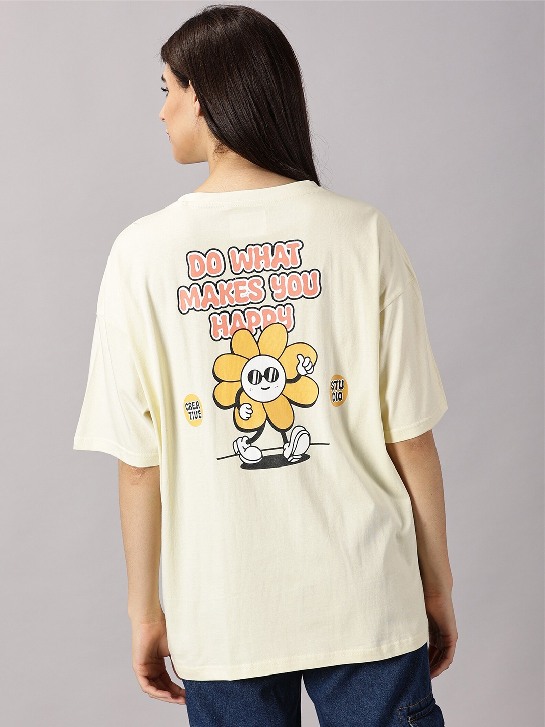 

THE HOLLANDER Women Typography Cotton Drop-Shoulder Sleeves Oversized T-shirt, Cream