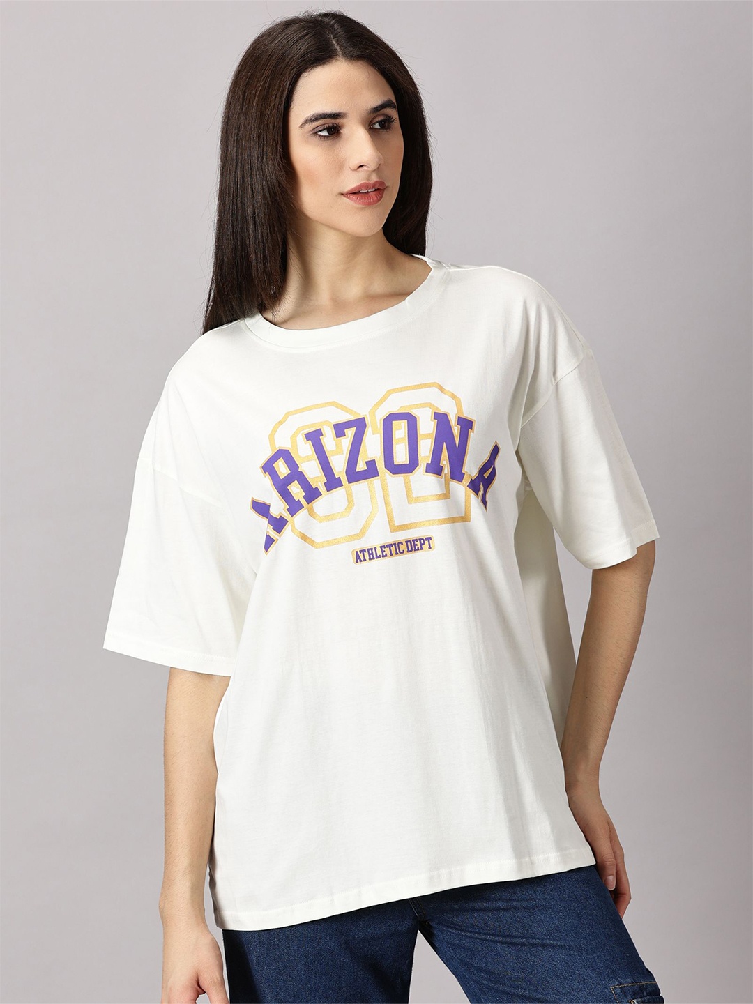 

THE HOLLANDER Women Typography Printed Pure Cotton Oversized T-shirt, Off white