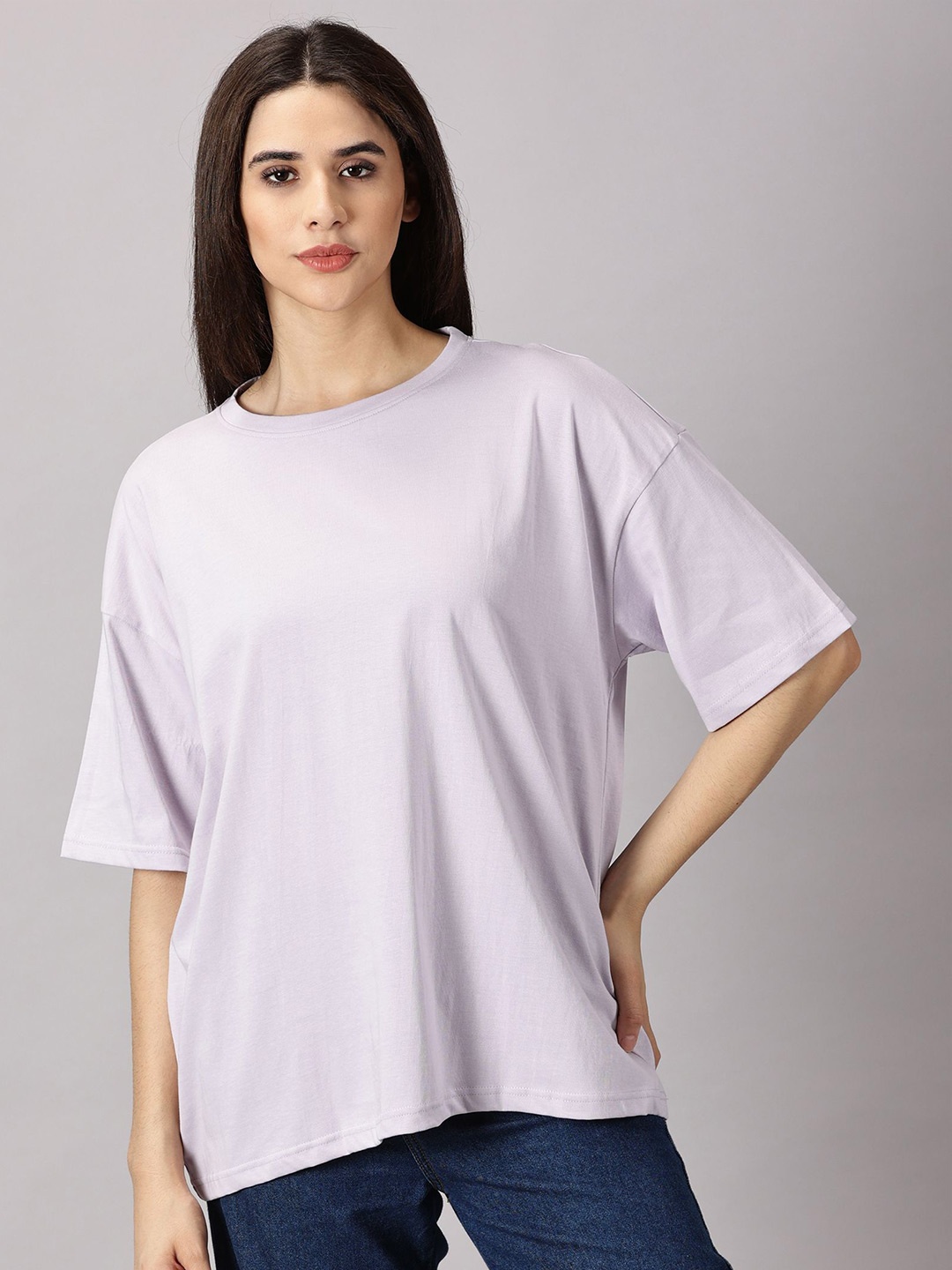 

THE HOLLANDER Women Solid Cotton Drop-Shoulder Sleeves Oversized T-shirt, Lavender