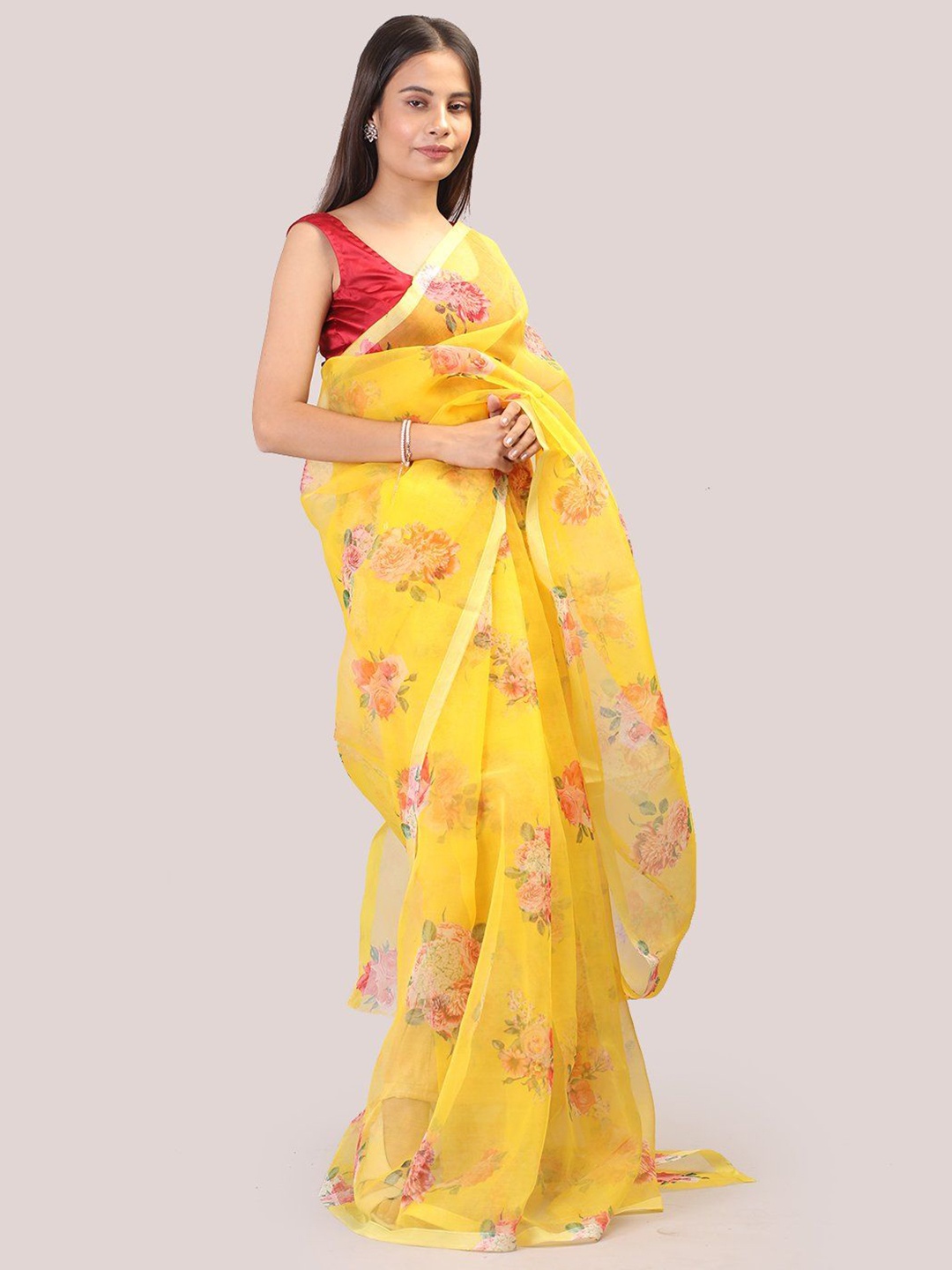 

Aynaa Floral Organza Saree, Yellow