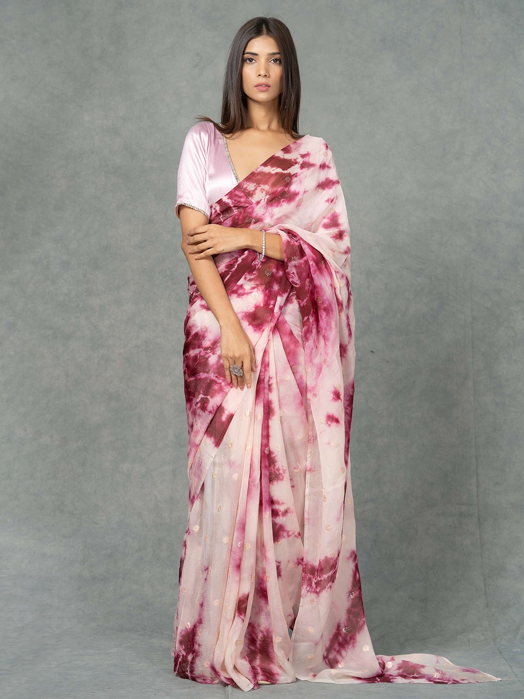 

Aynaa Tie and Dye Pure Chiffon Saree, Magenta