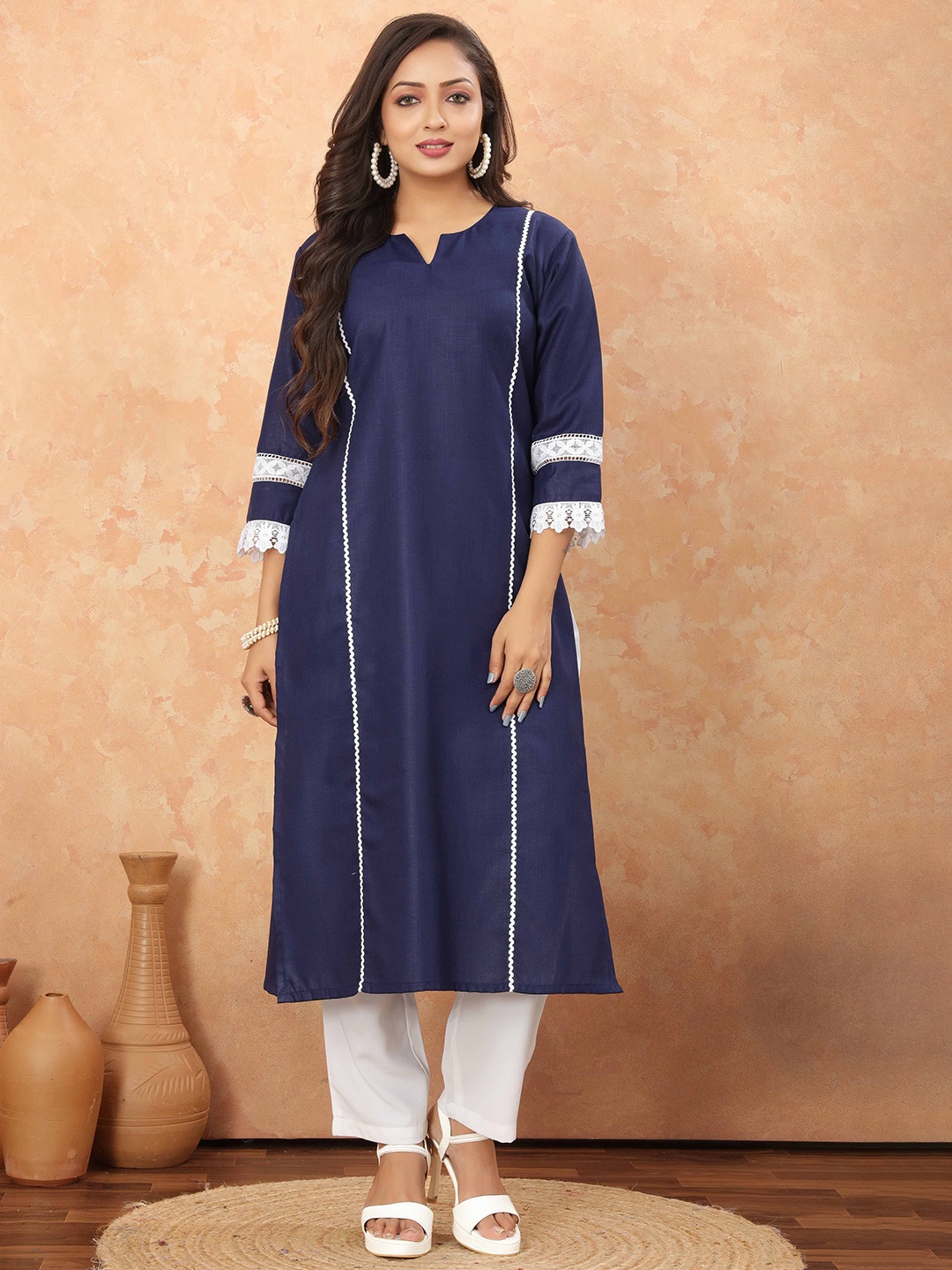 

Odd By Poshaak Notch Neck Pure Cotton Straight Kurta, Navy blue