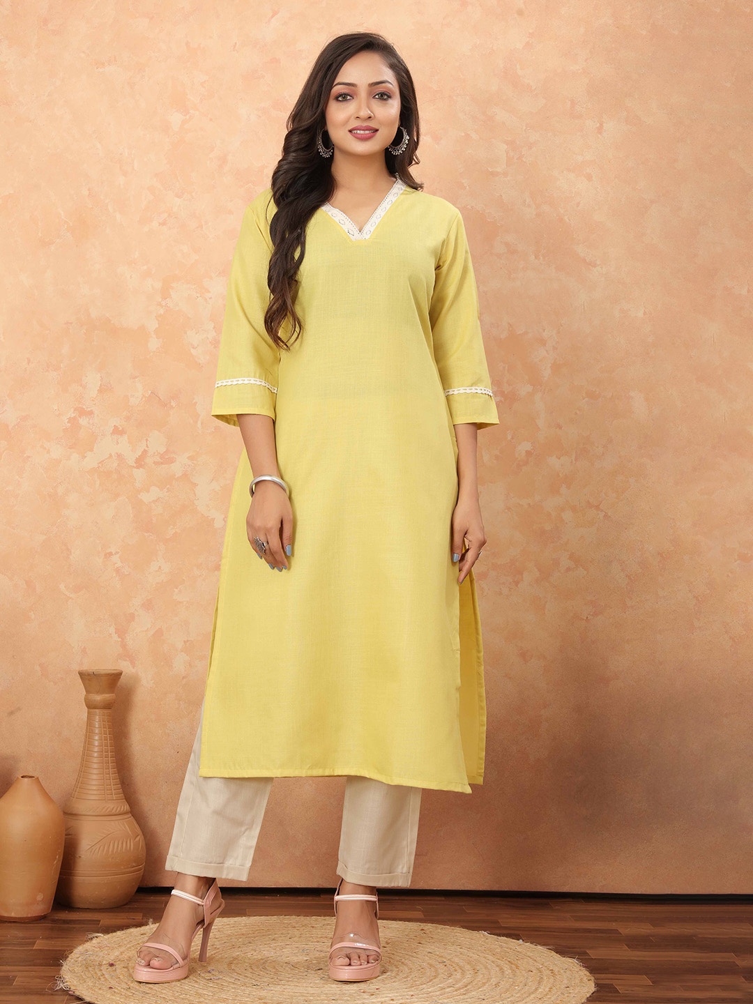 

Odd By Poshaak V-Neck Gotta Patti Pure Cotton Straight Kurta, Yellow