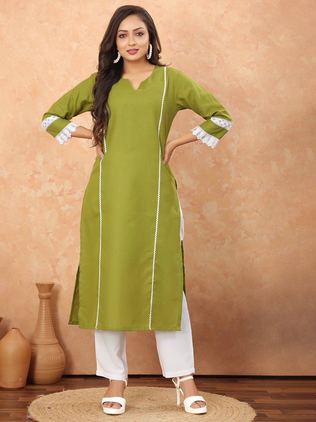 

Odd By Poshaak Notch Neck Gotta Patti Cotton Straight Kurta, Lime green